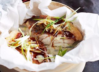 Bag baked trout with ginger soy