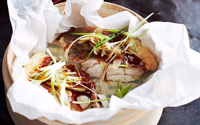 Bag baked trout with ginger soy